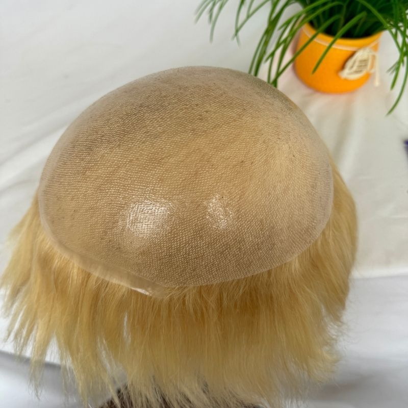 Ultra Thin Skin Cap Base Toupee 100% Human Hair 8X10“ Hairpiece Replacement For Men #613 Blonde Color Hair System