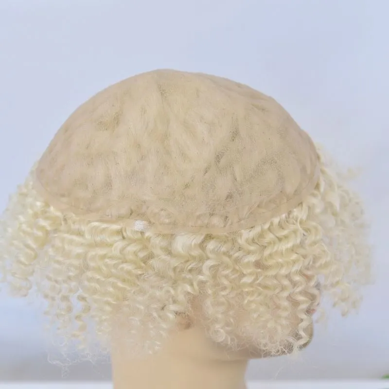 360 Wave Kinky Curly 100% European Human Hair Full French Lace Cap Toupee for Men White Color Hair System 8x10 Hair Replacement