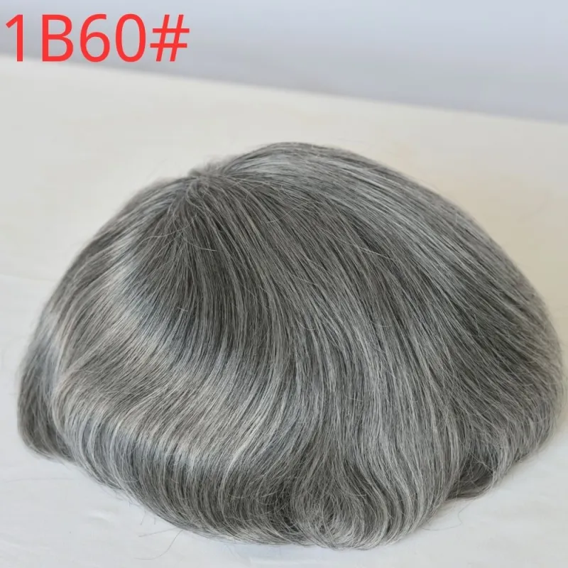High-quality 8x10 Men Toupee Full French Lace Cap Hair Replacement 40% Black Human Hair Mixed 60% Grey Synthetic Hair System 1B60 Color Hairpiece For Men