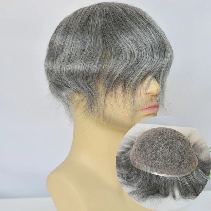 High-quality 8x10 Men Toupee Full French Lace Cap Hair Replacement 40% Black Human Hair Mixed 60% Grey Synthetic Hair System 1B60 Color Hairpiece For Men