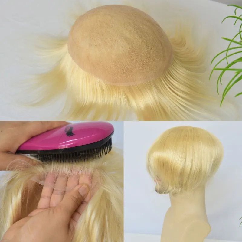 Best 8x10 Men Toupee Full French Lace Cap  Hair Replacement 100% European Human Hair #18 Brown Blonde Color Hairpiece For Men