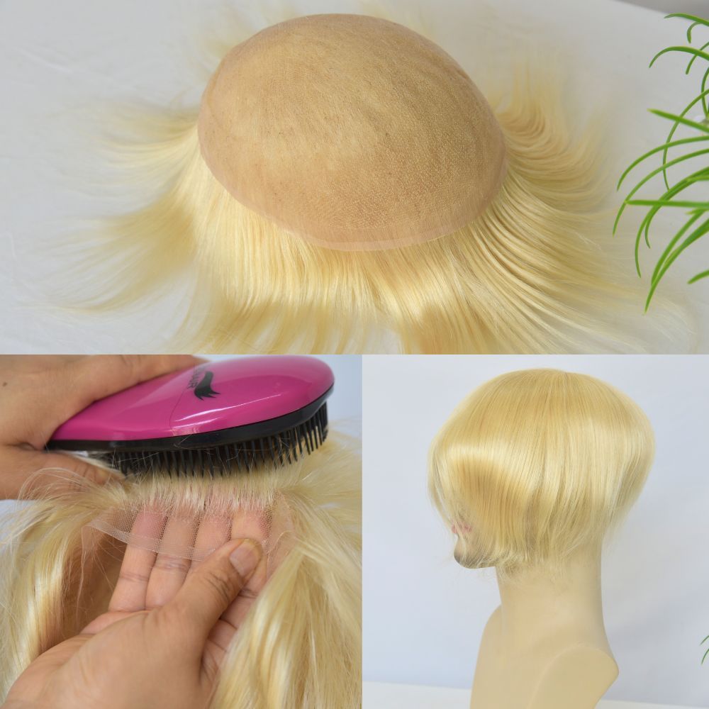 Best 8x10 Men Toupee Full French Lace Cap  Hair Replacement 100% European Human Hair #18 Brown Blonde Color Hairpiece For Men
