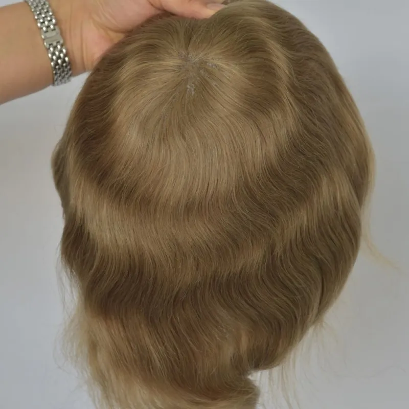 Best 8x10 Men Toupee Full French Lace Cap  Hair Replacement 100% European Human Hair #18 Brown Blonde Color Hairpiece For Men
