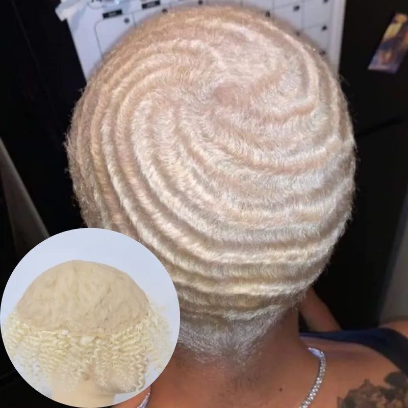 360 Wave Kinky Curly 100% European Human Hair Full French Lace Cap Toupee for Men White Color Hair System 8x10 Hair Replacement