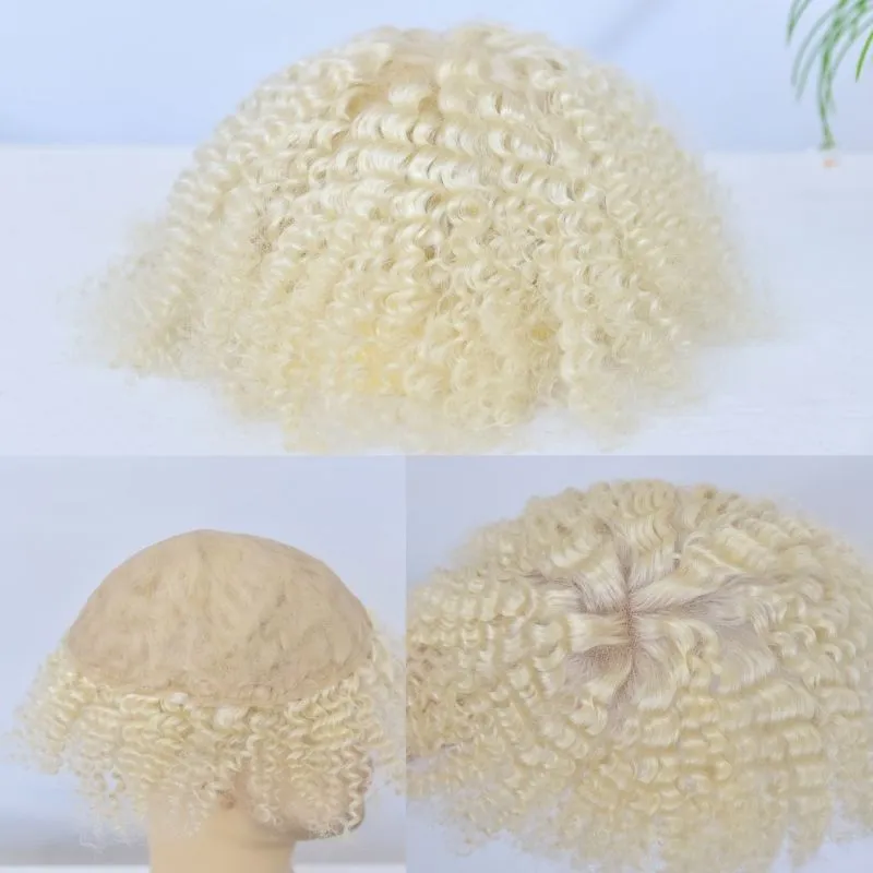360 Wave Kinky Curly 100% European Human Hair Full French Lace Cap Toupee for Men White Color Hair System 8x10 Hair Replacement