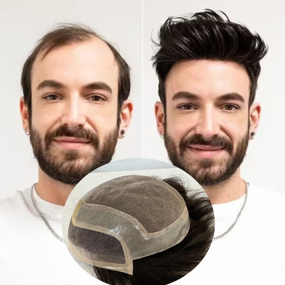 Toupee 100% Human Hair Super Swiss Lace European Hair Mono Lace with PU Hairpiece Replacement System for Men 8X10 Inch Natural Black