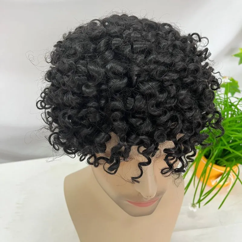 Eseewigs 360 NPU Loose Small Curly 100% Human Hair Mono Base with PU Around Toupee For  African American Men Black Color 9X7 Inch Hair System