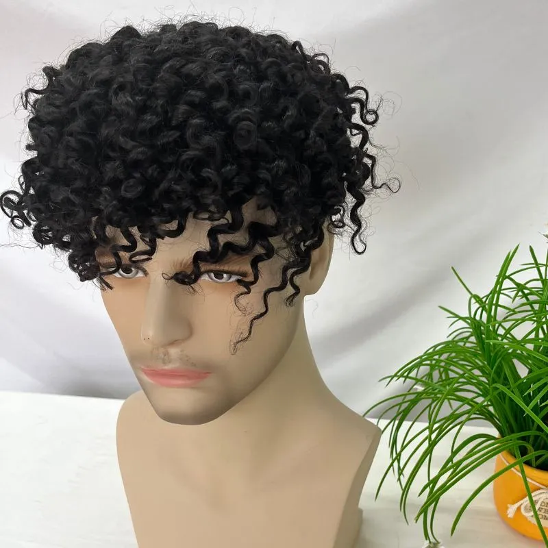 Eseewigs 360 NPU Loose Small Curly 100% Human Hair Mono Base with PU Around Toupee For  African American Men Black Color 9X7 Inch Hair System
