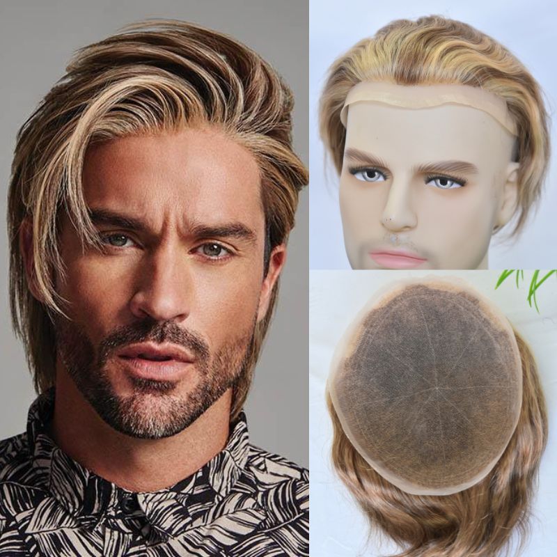 New Arrivals Full Swiss Lace Cap Base 4mixed 27 highlight 613 Front Colored Toupee for Men 100% European Human Hair System 10X8 Inch