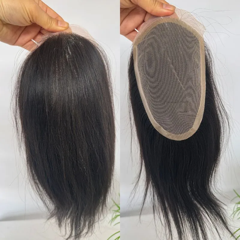 Eseewigs French Lace Front with PU Men Toupee 100% European Human Hair  4.5x7 Inch Hairpiece 10 Inch Hair Replacement For Men Natural Black Hair System
