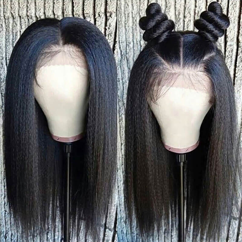 Pre Plucked Lace Front Wig Kinky Straight Human Hair for Women Black Color Brazilian Remy Hair Natural Hairline