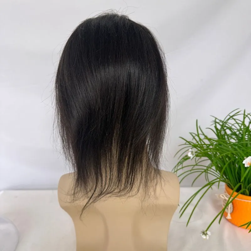 Eseewigs French Lace Front with PU Men Toupee 100% European Human Hair  4.5x7 Inch Hairpiece 10 Inch Hair Replacement For Men Natural Black Hair System