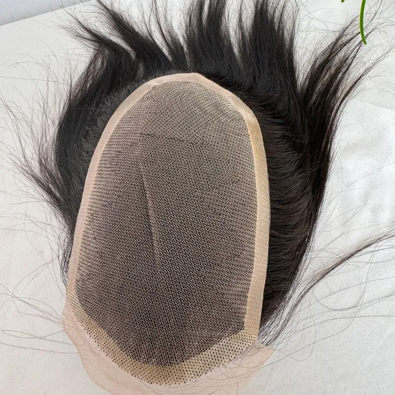 Eseewigs French Lace Front with PU Men Toupee 100% European Human Hair  4.5x7 Inch Hairpiece 10 Inch Hair Replacement For Men Natural Black Hair System