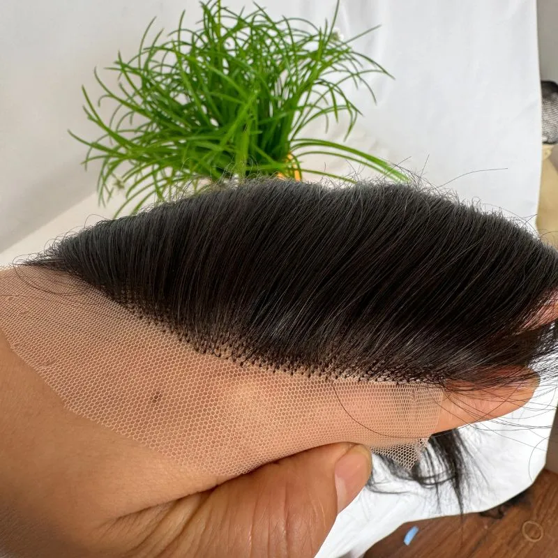 Eseewigs French Lace Front with PU Men Toupee 100% European Human Hair  4.5x7 Inch Hairpiece 10 Inch Hair Replacement For Men Natural Black Hair System