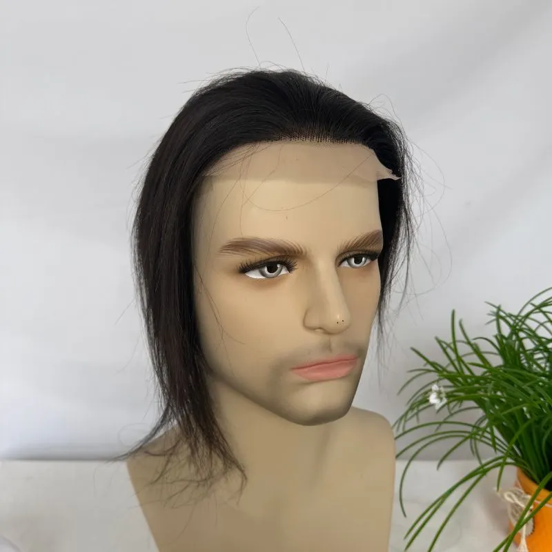 Eseewigs French Lace Front with PU Men Toupee 100% European Human Hair  4.5x7 Inch Hairpiece 10 Inch Hair Replacement For Men Natural Black Hair System