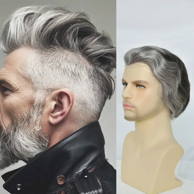 Customize Mens Toupee 1B60 40% Human #1B Black Hair Mixed with 60% Synthetic White Hair Toupee For MenHairpieces for Men Hair Replacement 10x8 9x7 Inch
