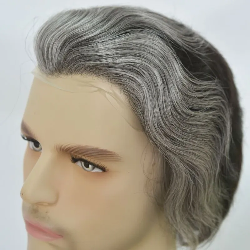 Customize Mens Toupee 1B60 40% Human #1B Black Hair Mixed with 60% Synthetic White Hair Toupee For MenHairpieces for Men Hair Replacement 10x8 9x7 Inch