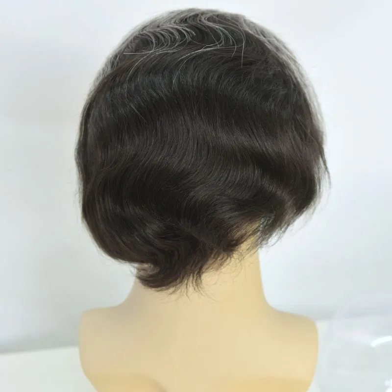 Customize Mens Toupee 1B60 40% Human #1B Black Hair Mixed with 60% Synthetic White Hair Toupee For MenHairpieces for Men Hair Replacement 10x8 9x7 Inch
