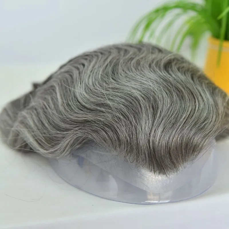 Customize Mens Toupee 1B60 40% Human #1B Black Hair Mixed with 60% Synthetic White Hair Toupee For MenHairpieces for Men Hair Replacement 10x8 9x7 Inch