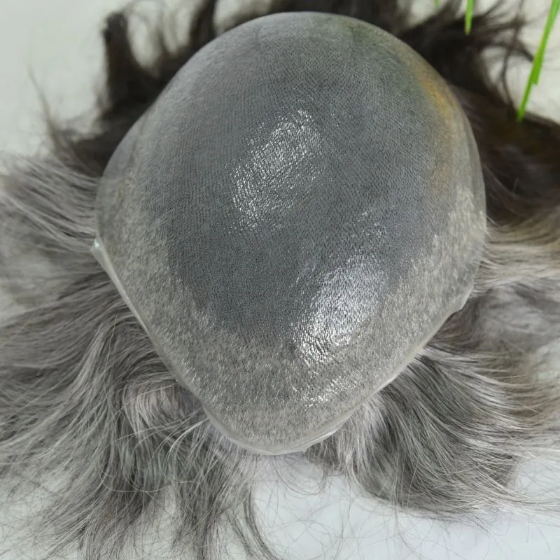 Customize Mens Toupee 1B60 40% Human #1B Black Hair Mixed with 60% Synthetic White Hair Toupee For MenHairpieces for Men Hair Replacement 10x8 9x7 Inch