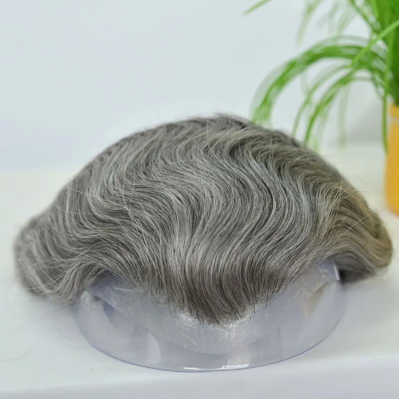 Customize Mens Toupee 1B60 40% Human #1B Black Hair Mixed with 60% Synthetic White Hair Toupee For MenHairpieces for Men Hair Replacement 10x8 9x7 Inch
