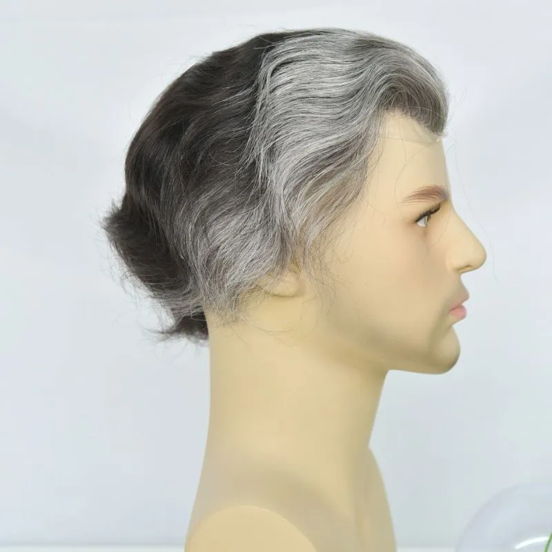Customize Mens Toupee 1B60 40% Human #1B Black Hair Mixed with 60% Synthetic White Hair Toupee For MenHairpieces for Men Hair Replacement 10x8 9x7 Inch