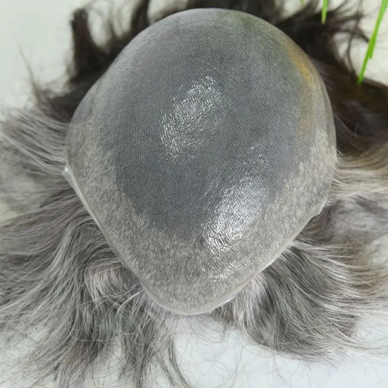 Customize Mens Toupee 1B60 40% Human #1B Black Hair Mixed with 60% Synthetic White Hair Toupee For MenHairpieces for Men Hair Replacement 10x8 9x7 Inch