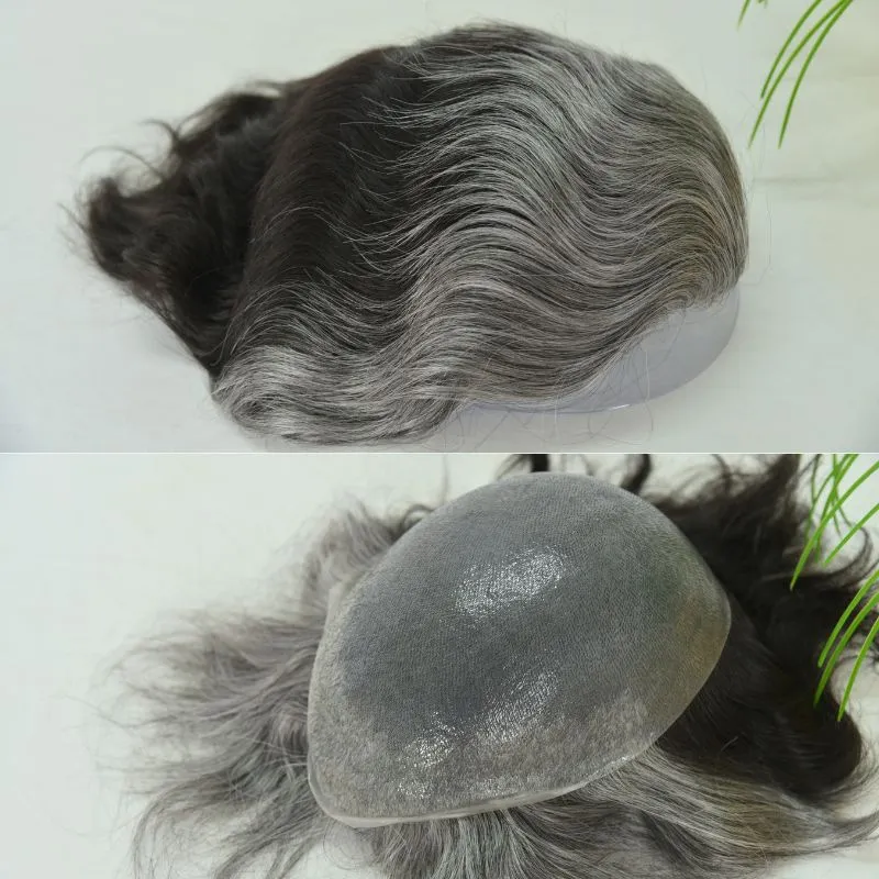 Customize Mens Toupee 1B60 40% Human #1B Black Hair Mixed with 60% Synthetic White Hair Toupee For MenHairpieces for Men Hair Replacement 10x8 9x7 Inch