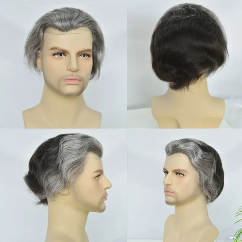 Customize Mens Toupee 1B60 40% Human #1B Black Hair Mixed with 60% Synthetic White Hair Toupee For MenHairpieces for Men Hair Replacement 10x8 9x7 Inch