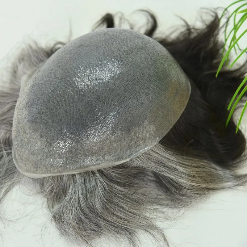Customize Mens Toupee 1B60 40% Human #1B Black Hair Mixed with 60% Synthetic White Hair Toupee For MenHairpieces for Men Hair Replacement 10x8 9x7 Inch