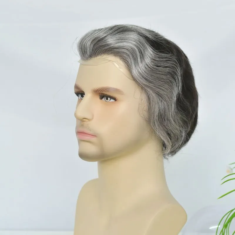 Customize Mens Toupee 1B60 40% Human #1B Black Hair Mixed with 60% Synthetic White Hair Toupee For MenHairpieces for Men Hair Replacement 10x8 9x7 Inch
