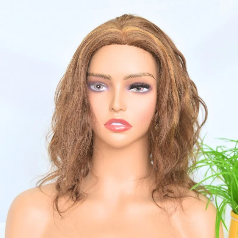 Customized Non Lace Wig with a Handtied Fine Nylon Mesh 5x5 Inch Monofilament Mono Top Based 100% Human Hair Wigs Wavy Short Glueless Wigs with Adjustable Straps Back Color #6#8 Equal Blended Wigs