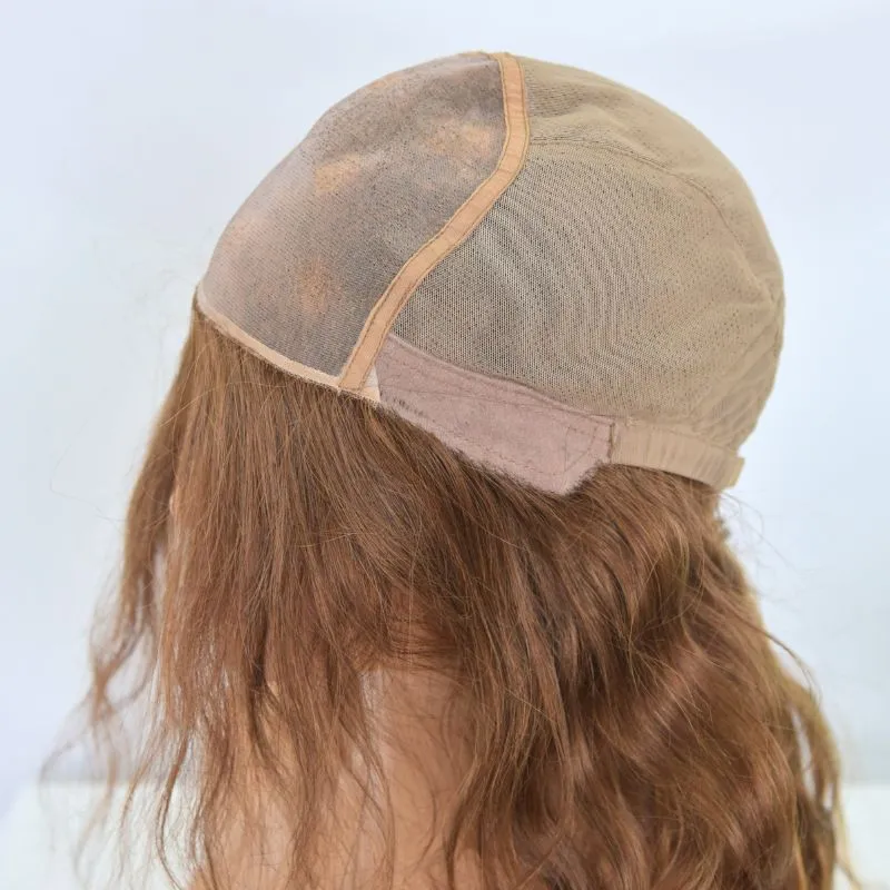 Customized Non Lace Wig with a Handtied Fine Nylon Mesh 5x5 Inch Monofilament Mono Top Based 100% Human Hair Wigs Wavy Short Glueless Wigs with Adjustable Straps Back Color #6#8 Equal Blended Wigs