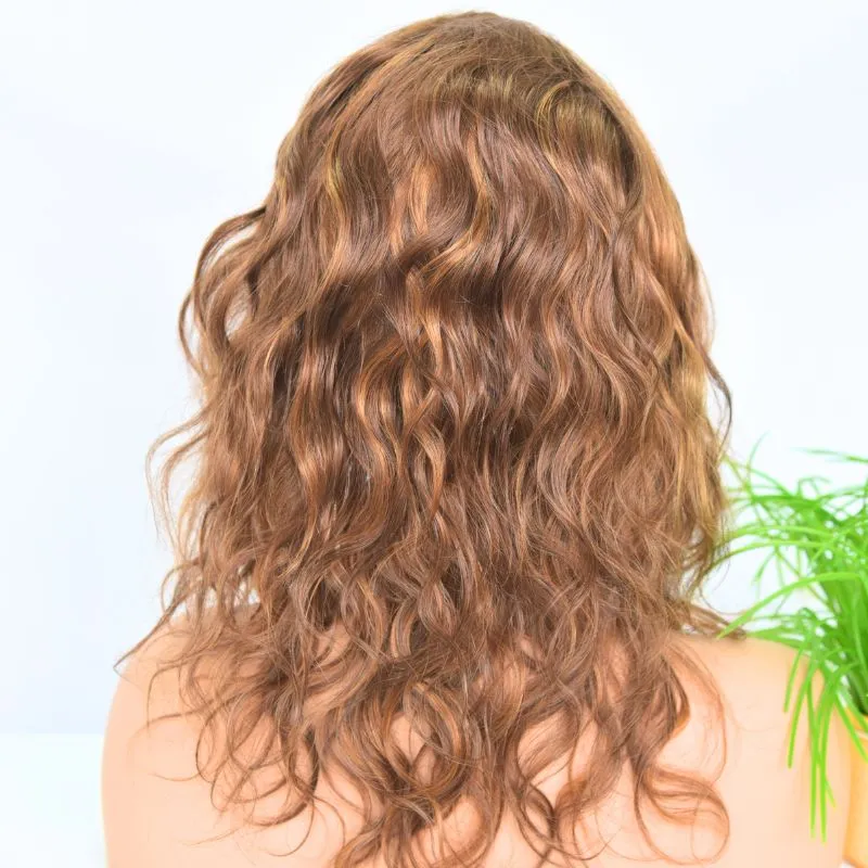 Customized Non Lace Wig with a Handtied Fine Nylon Mesh 5x5 Inch Monofilament Mono Top Based 100% Human Hair Wigs Wavy Short Glueless Wigs with Adjustable Straps Back Color #6#8 Equal Blended Wigs
