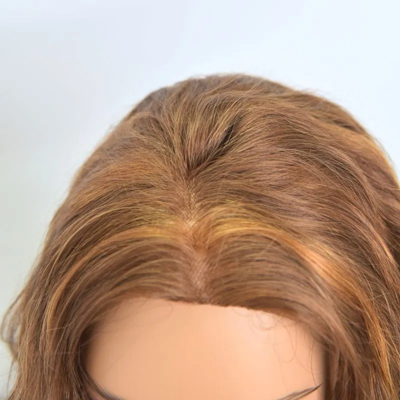 Customized Non Lace Wig with a Handtied Fine Nylon Mesh 5x5 Inch Monofilament Mono Top Based 100% Human Hair Wigs Wavy Short Glueless Wigs with Adjustable Straps Back Color #6#8 Equal Blended Wigs