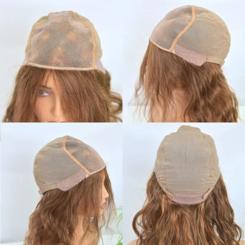 Customized Non Lace Wig with a Handtied Fine Nylon Mesh 5x5 Inch Monofilament Mono Top Based 100% Human Hair Wigs Wavy Short Glueless Wigs with Adjustable Straps Back Color #6#8 Equal Blended Wigs