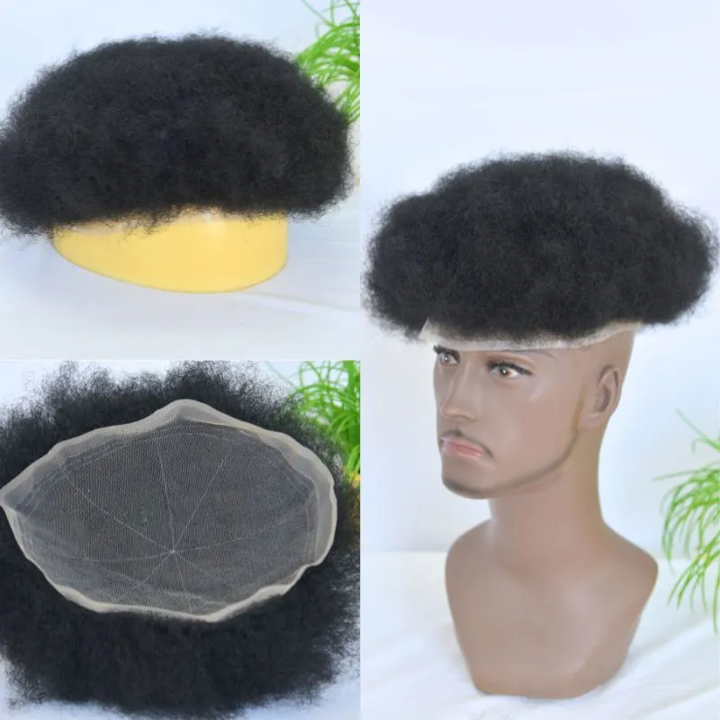 Men Toupee 360 Wave Afro Kinky Curl 100% Human Hair Full Lace Toupee for Men Natural Black Color 10X8 Inch Hair System