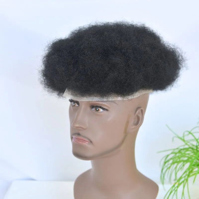 Men Toupee 360 Wave Afro Kinky Curl 100% Human Hair Full Lace Toupee for Men Natural Black Color 10X8 Inch Hair System