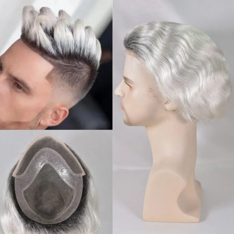 Men Toupee Hollywood Base Toupee for Men Mono Base with PU European Human Remy Hair Prosthesis 1BT60 Color Hair System 8x10 Inch Hair Replacement  Bleached Knots