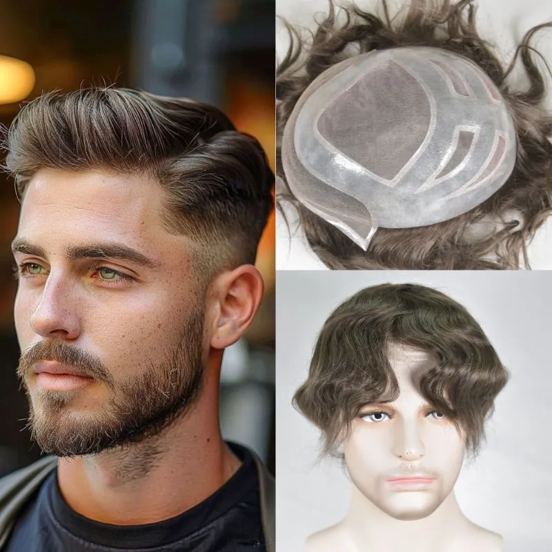 Durable Hair System For Men French Lace Front Mens Toupee Human Hairpiece Natural Hairline Fine Mono Hair Toupee for Men 8x10