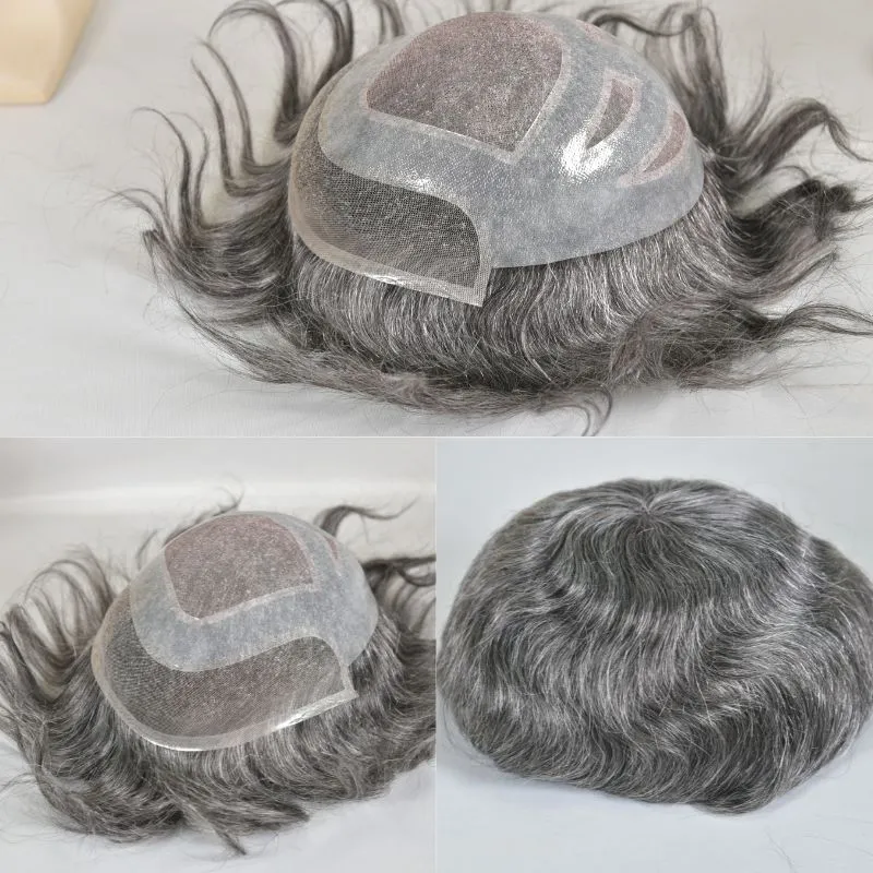 Men Hair System Toupee  French Lace Front Mens Toupee with Skin PU  Human Hairpiece Natural Hairline Fine Mono Hair Toupee for Men 50% Black Hair Mixed with 50% White Hair