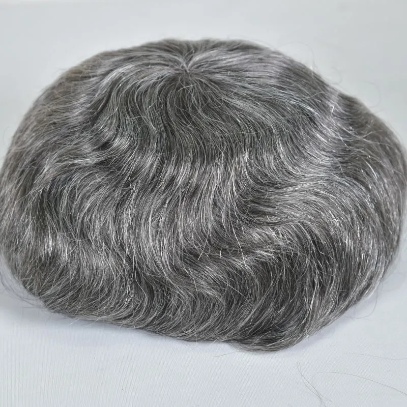 Men Hair System Toupee  French Lace Front Mens Toupee with Skin PU  Human Hairpiece Natural Hairline Fine Mono Hair Toupee for Men 50% Black Hair Mixed with 50% White Hair