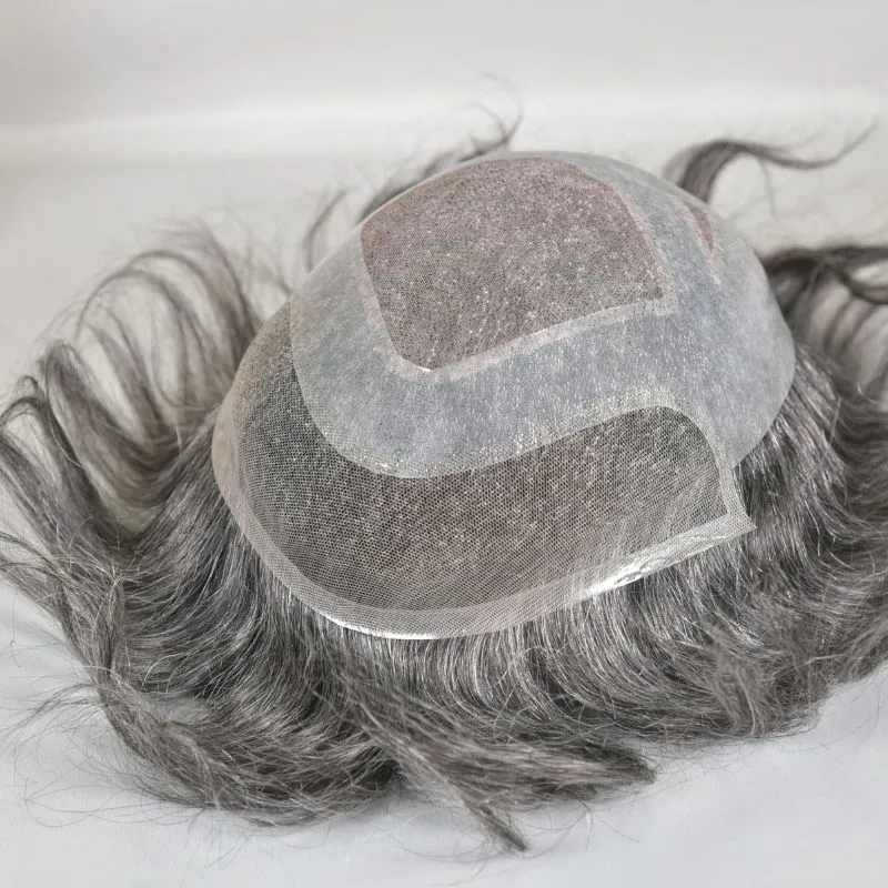Men Hair System Toupee  French Lace Front Mens Toupee with Skin PU  Human Hairpiece Natural Hairline Fine Mono Hair Toupee for Men 50% Black Hair Mixed with 50% White Hair