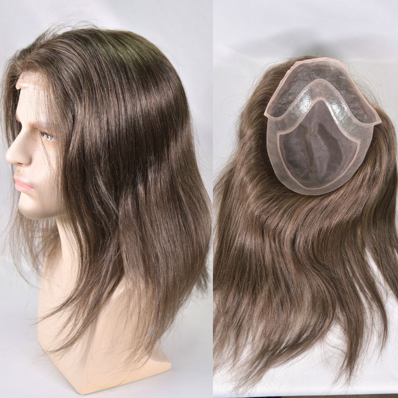 12inch Long Hair Men's Toupee10"×8"Hairpieces for Men Mono with PU 100%European Virgin Human Hair Replacement System for Men 17#