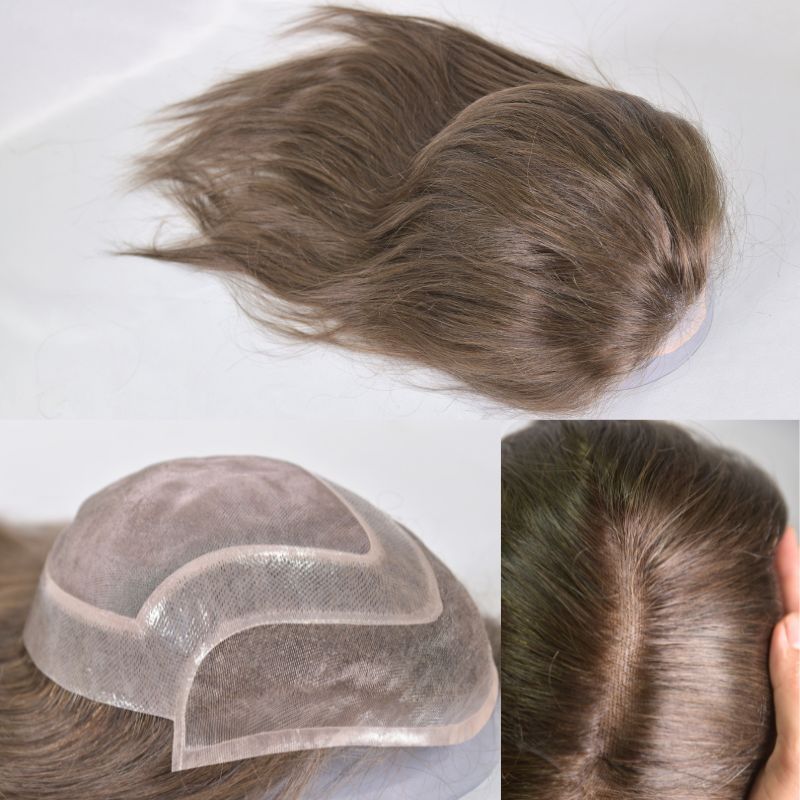 12inch Long Hair Men's Toupee10"×8"Hairpieces for Men Mono with PU 100%European Virgin Human Hair Replacement System for Men 17#