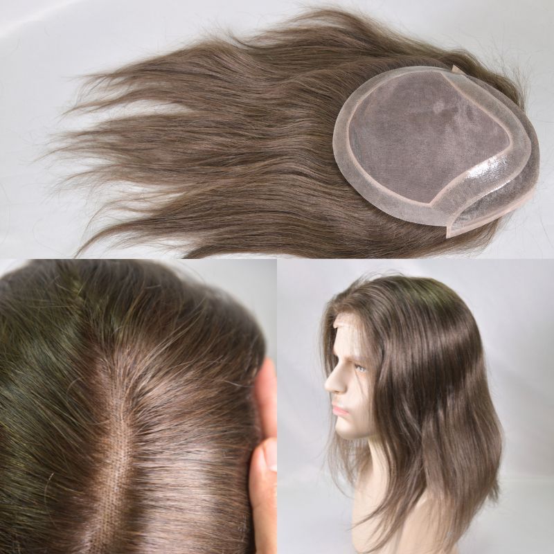 12inch Long Hair Men's Toupee10"×8"Hairpieces for Men Mono with PU 100%European Virgin Human Hair Replacement System for Men 17#