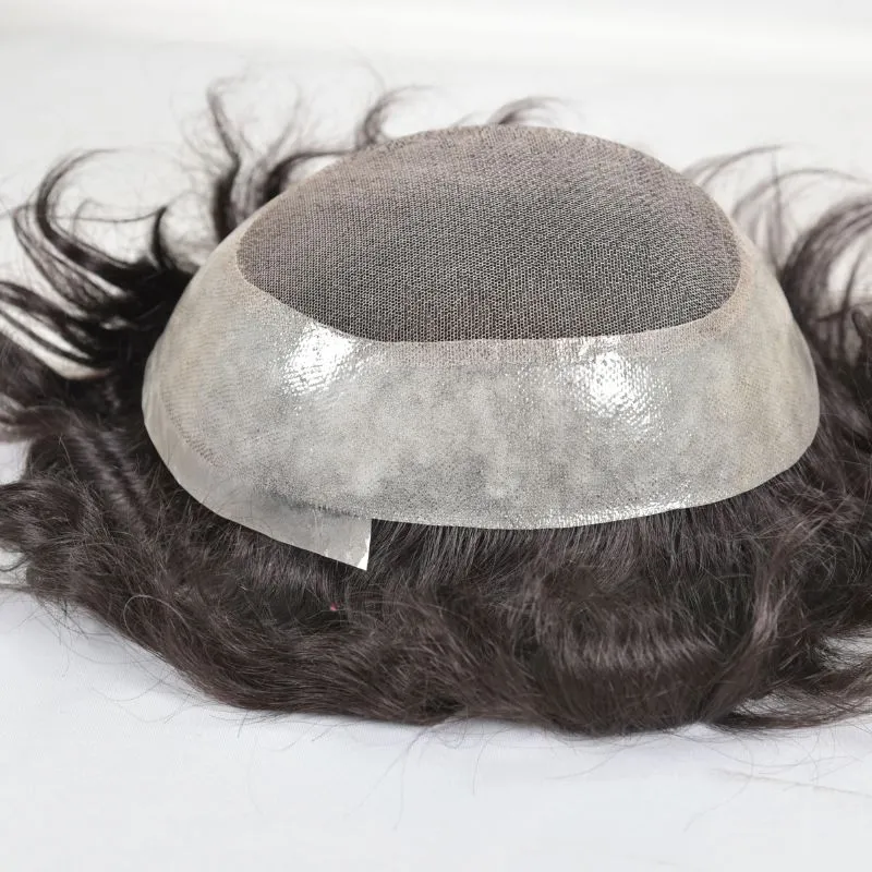 Men Toupee Durable Skin PU with Soft French Lace 1B# 100%  Human Hair Piece Natural Hairline Hair System 8x10 Hair Replacement