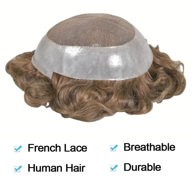 Men Toupee Durable Skin PU with Soft French Lace 1B# 100%  Human Hair Piece Natural Hairline Hair System 8x10 Hair Replacement