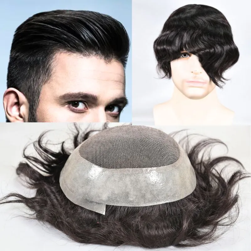 Men Toupee Durable Skin PU with Soft French Lace 1B# 100%  Human Hair Piece Natural Hairline Hair System 8x10 Hair Replacement
