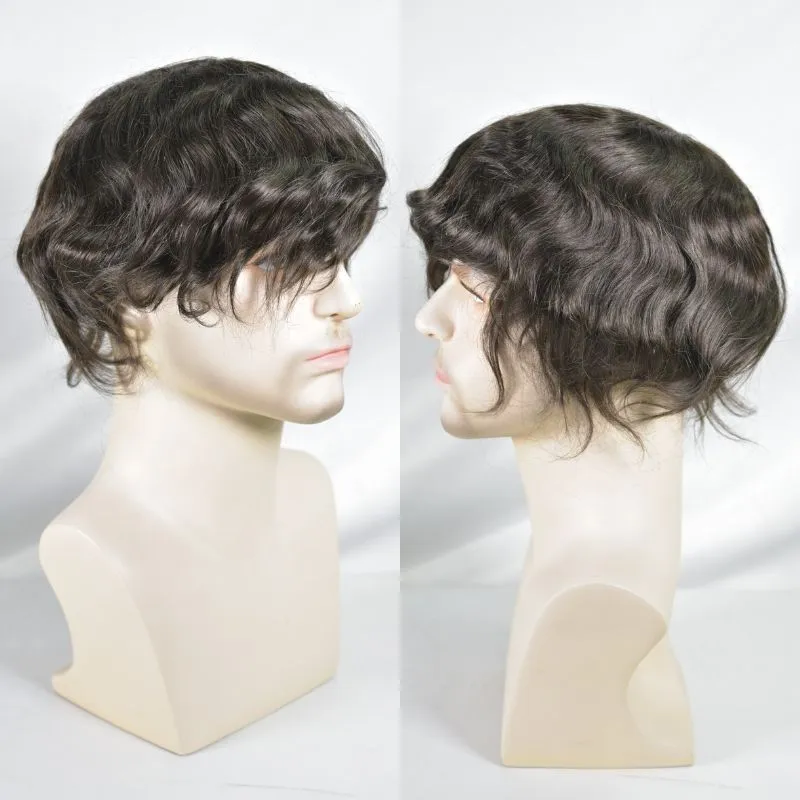 Men Toupee Durable Skin PU with Soft French Lace 2# Dark Brown 100%  Human Hair Piece Natural Hairline Hair System 8x10 Hair Replacement
